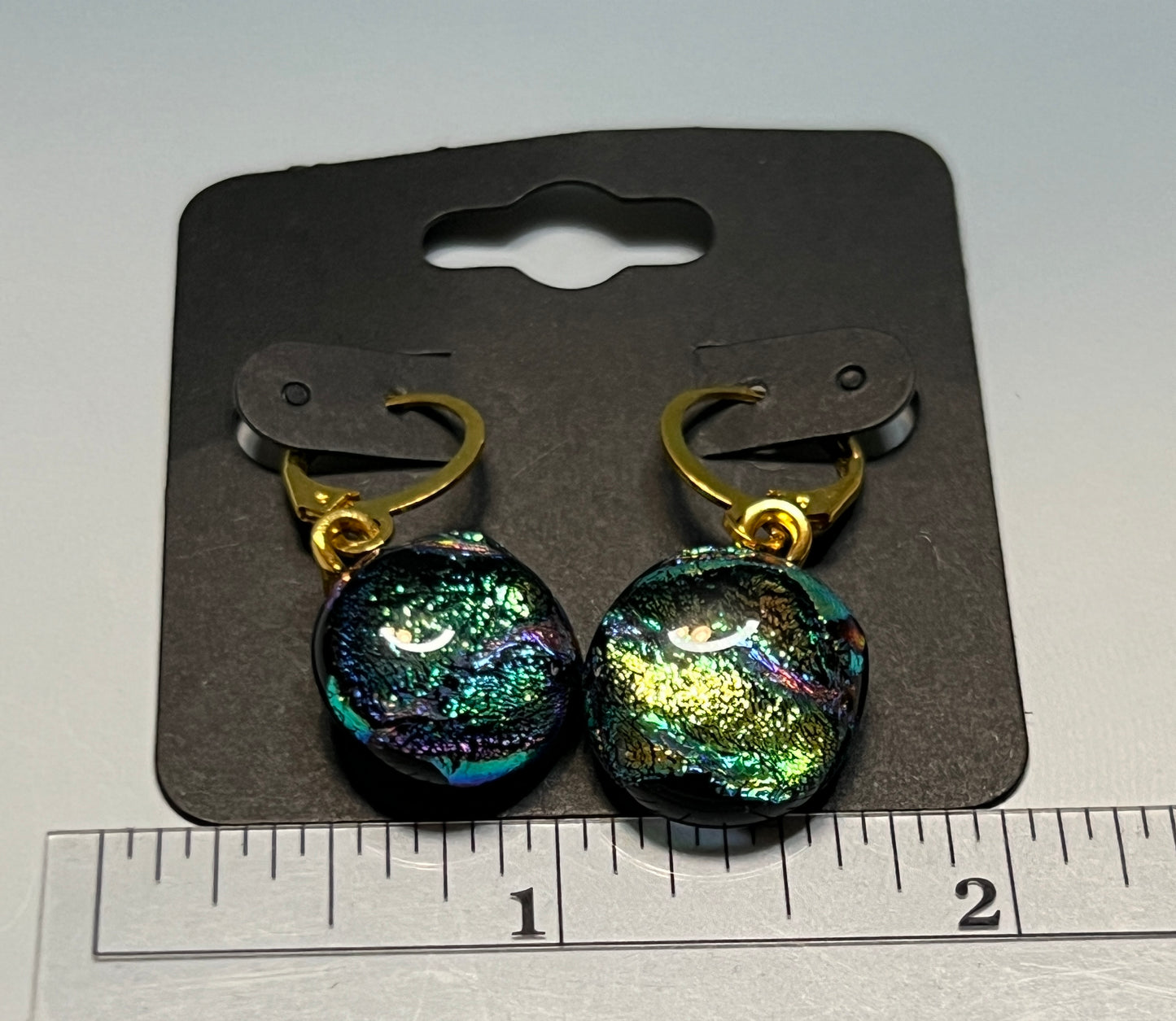 Fused Glass Earrings - Green/Blue on gold tone lever back
