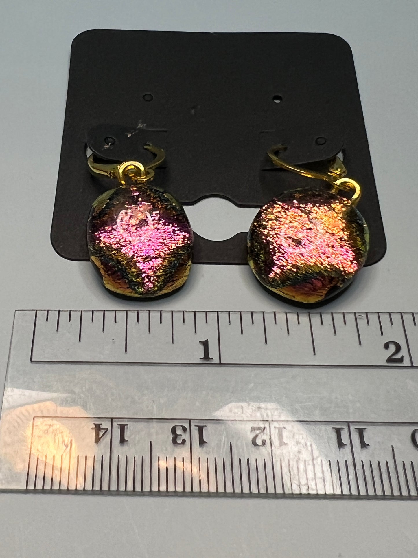 Fused Glass Earrings - Pink/Gold Dichroic on gold tone lever back