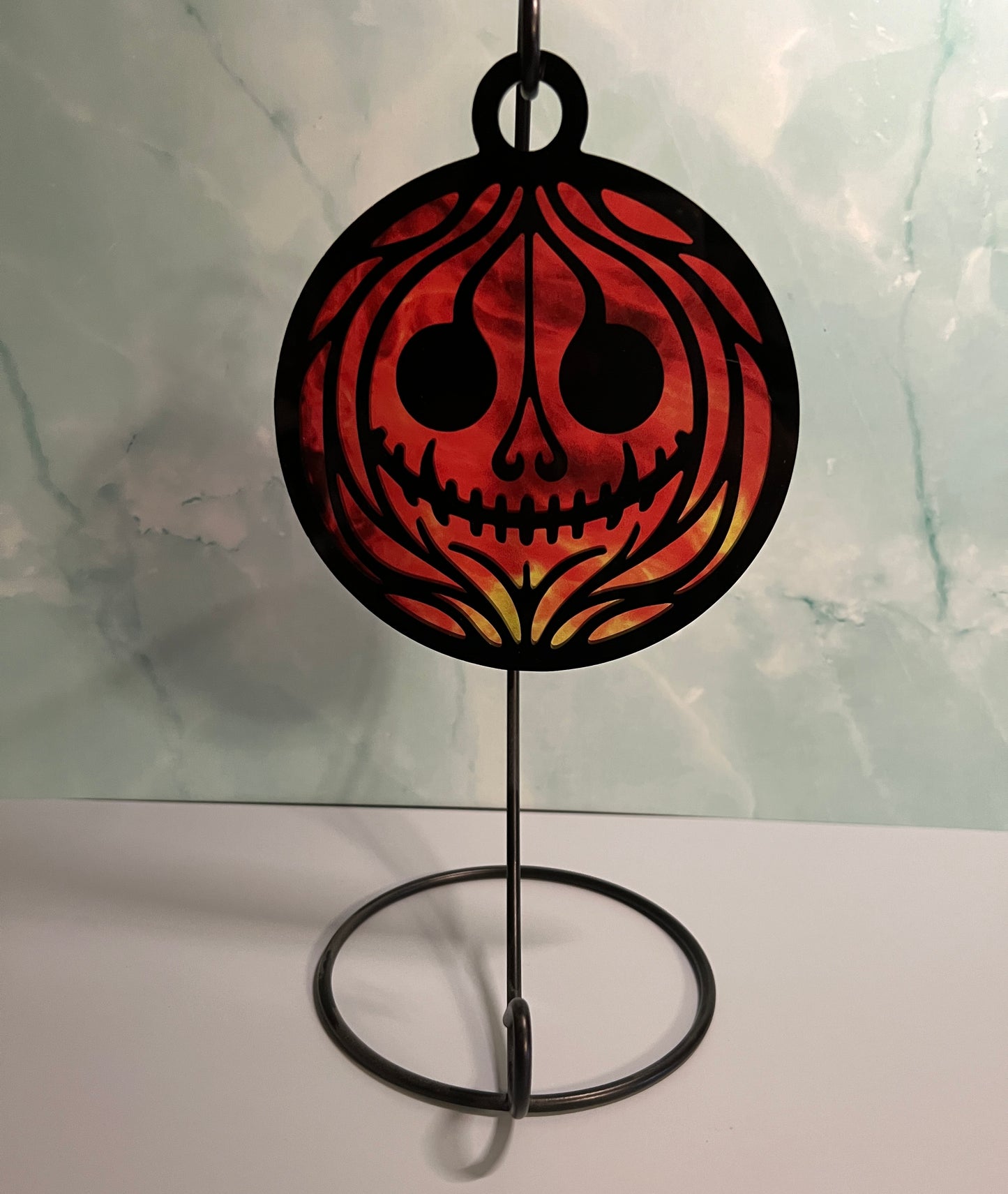Acrylic Black Spookier Pumpkin Suncatcher/Ornament with orange background