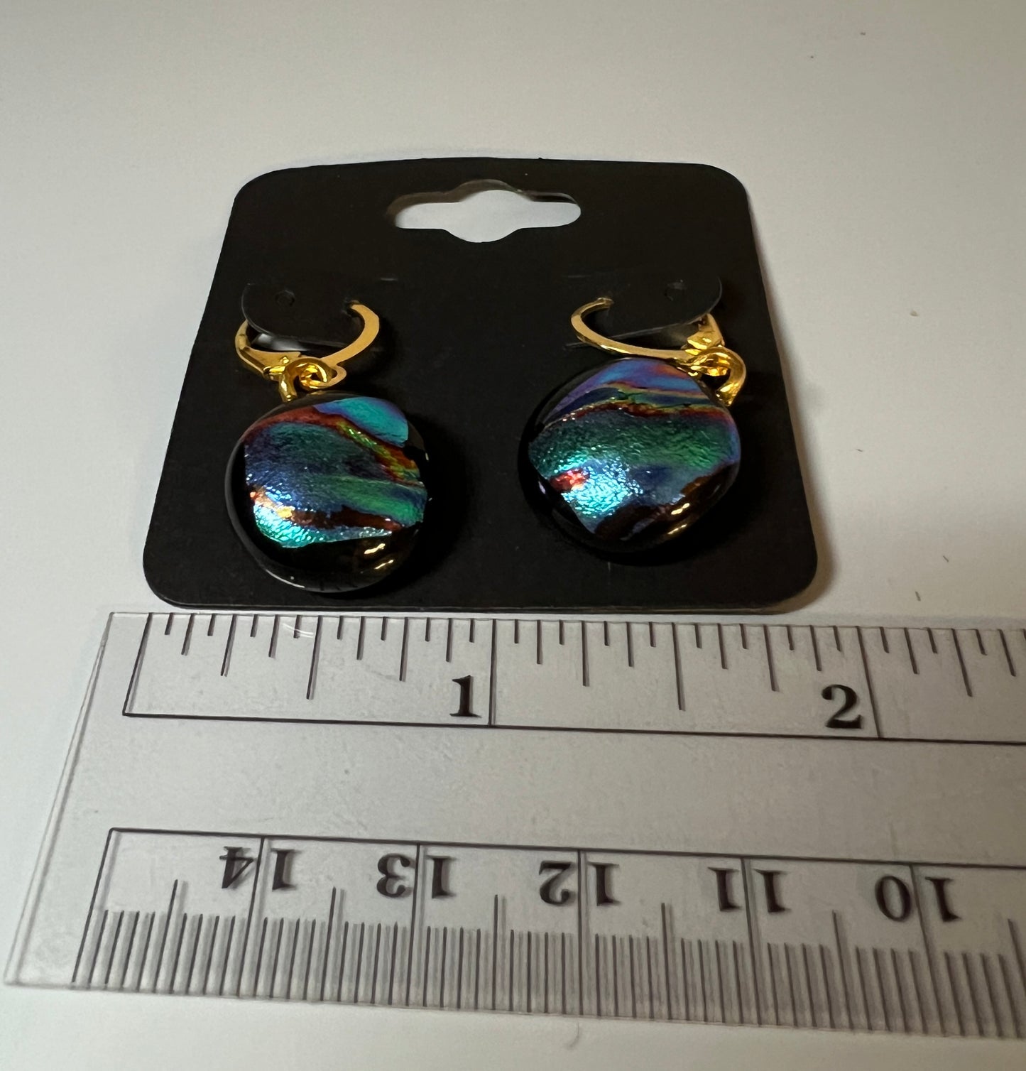 Fused Glass Earrings - teal blue/pink/purple on gold tone lever back