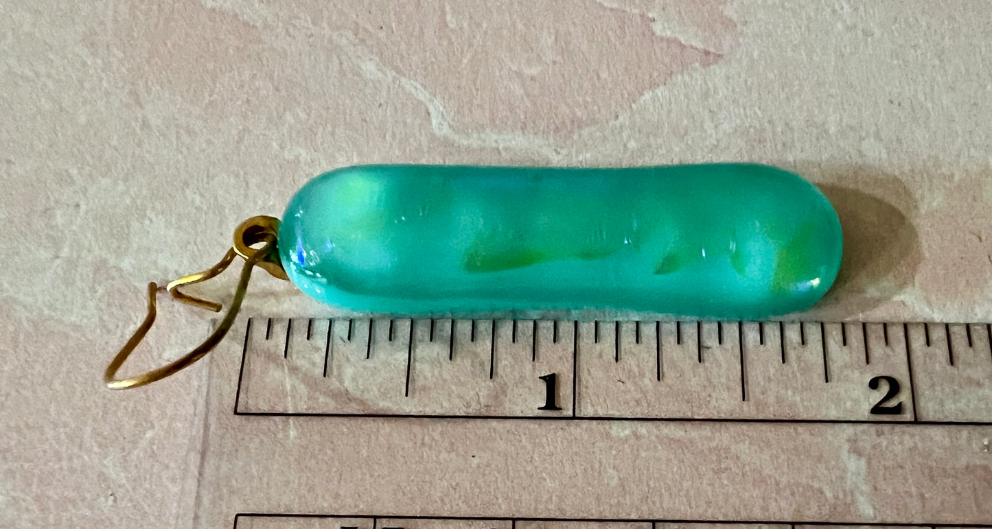 Fused Glass Earrings - light teal blue with blue dichroic bar style on gold filled kidney wires