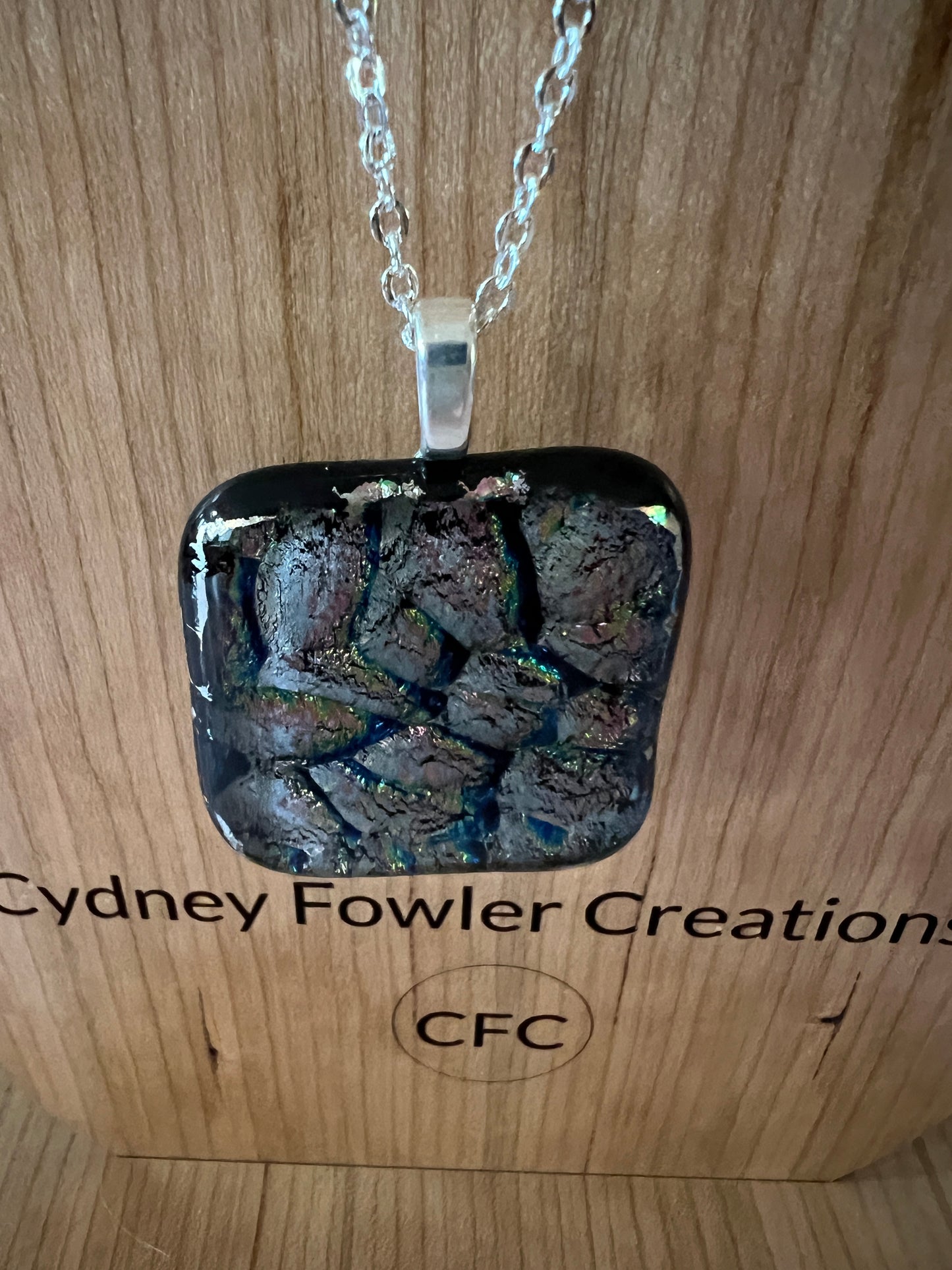 Fused Glass Pendant -Dichroic Abstract Pattern - 1.5" square