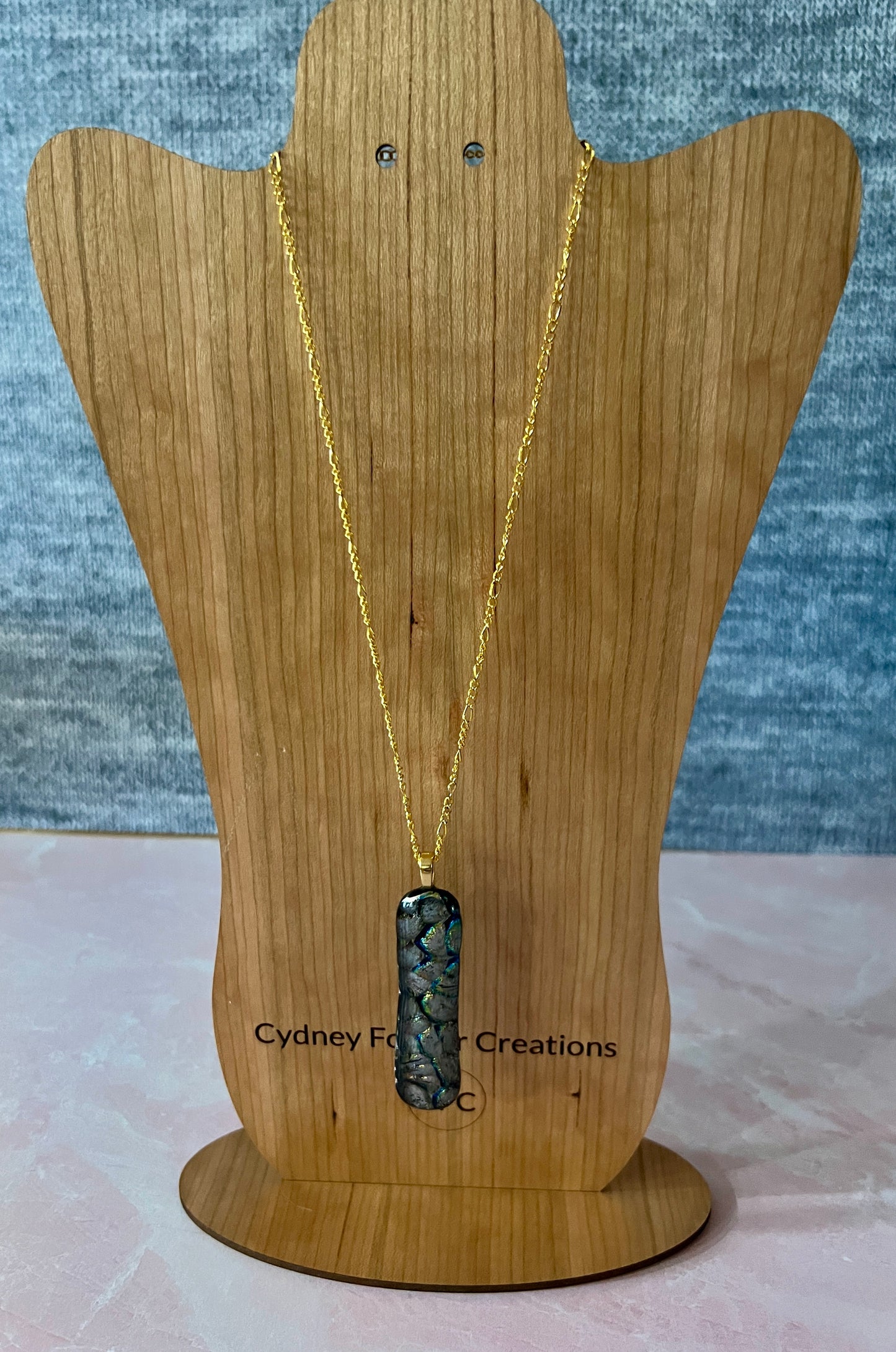 Fused Glass Pendant -Dichroic Abstract Pattern - about 3" long by 1" wide