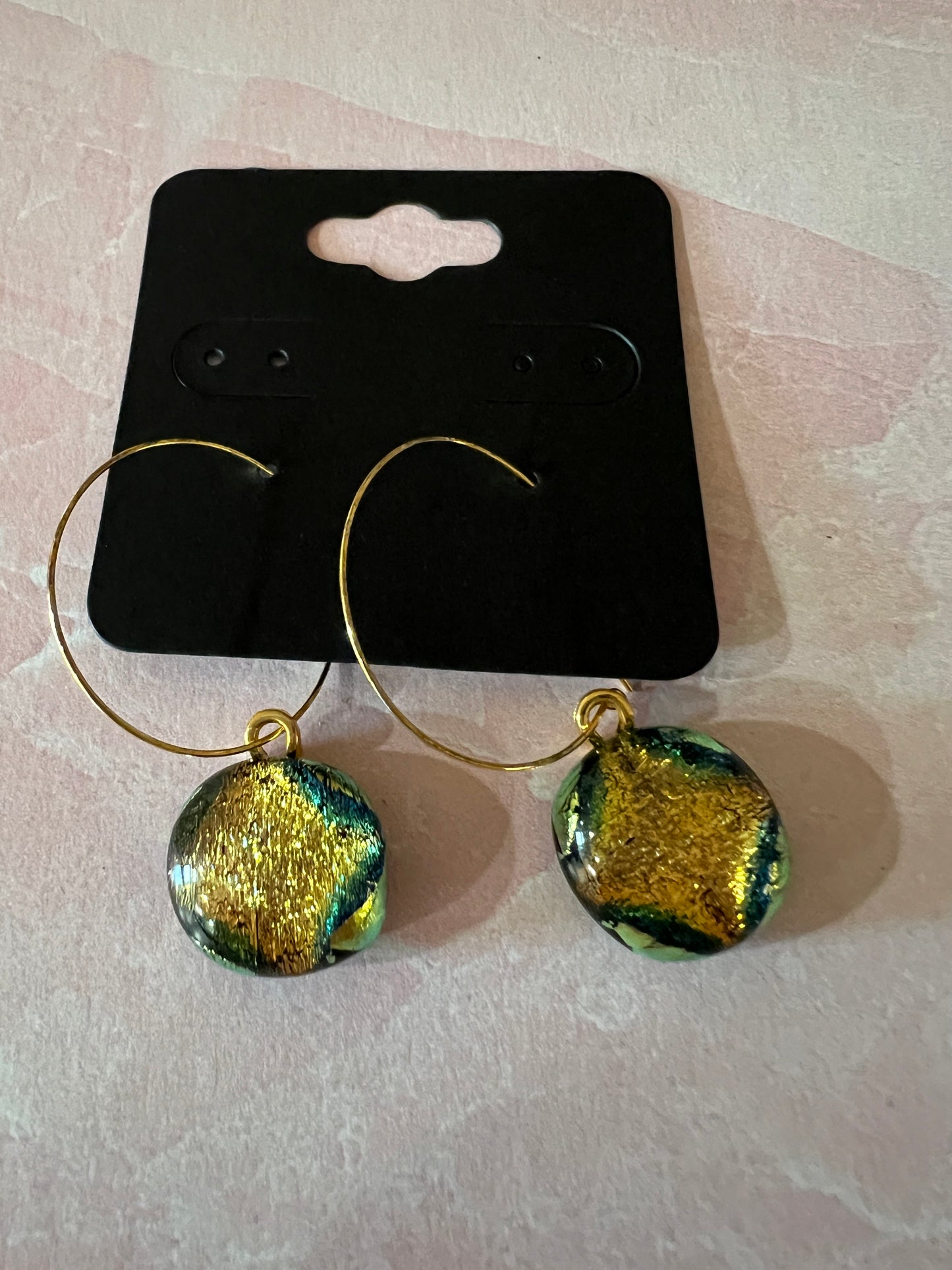 Fused Glass Earrings - Green/gold dichroic on gold tone wire hoops