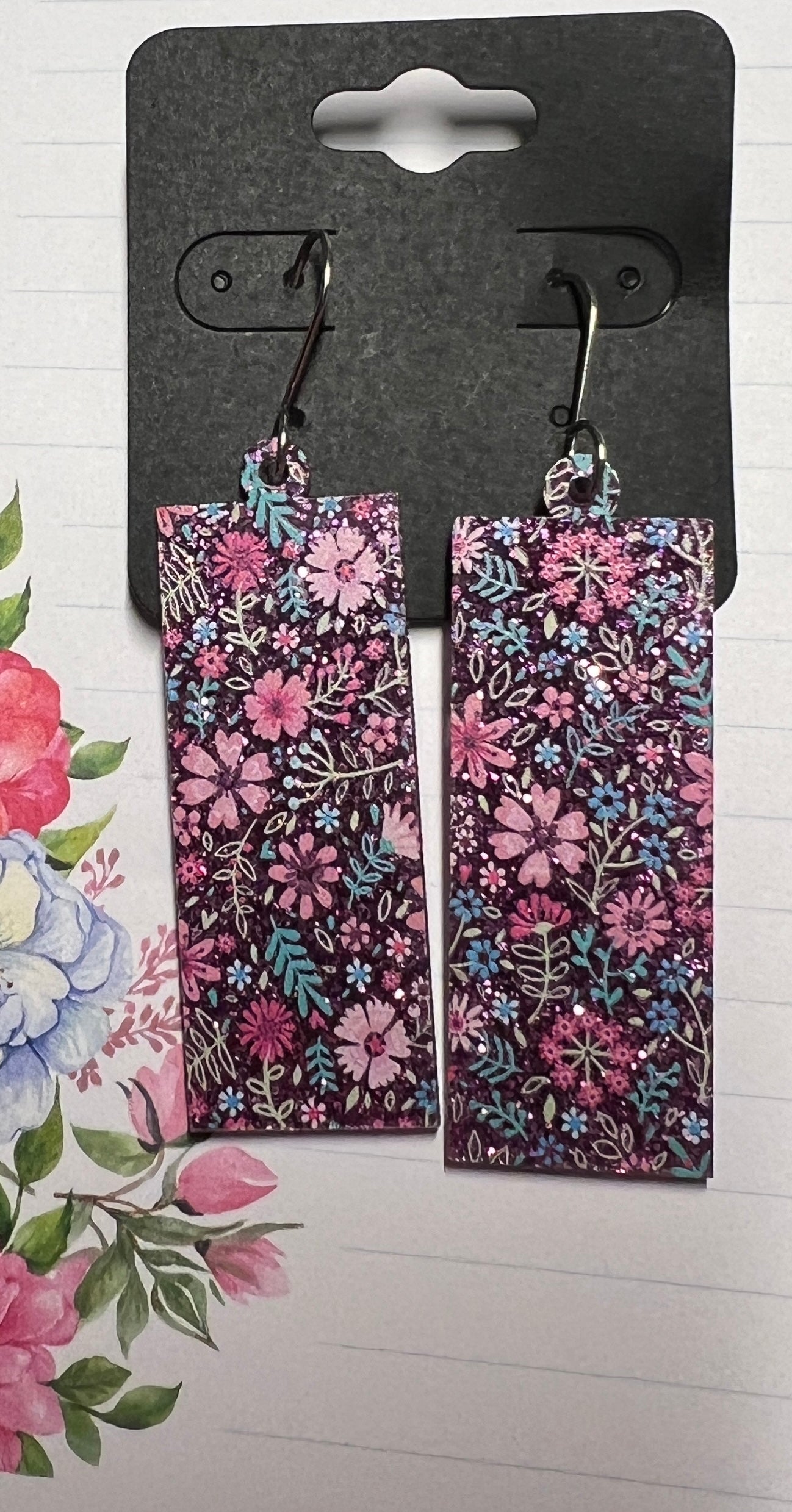 Acrylic Earrings - Pink Glitter Floral on SS wires - A variety of shapes - see photos for selection