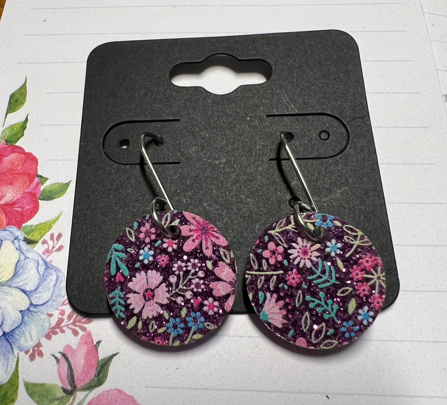 Acrylic Earrings - Pink Glitter Floral on SS wires - A variety of shapes - see photos for selection