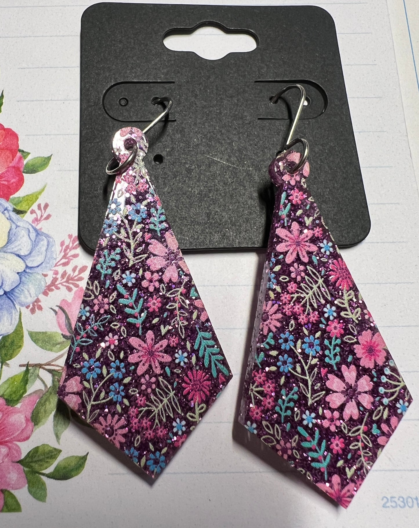 Acrylic Earrings - Pink Glitter Floral on SS wires - A variety of shapes - see photos for selection