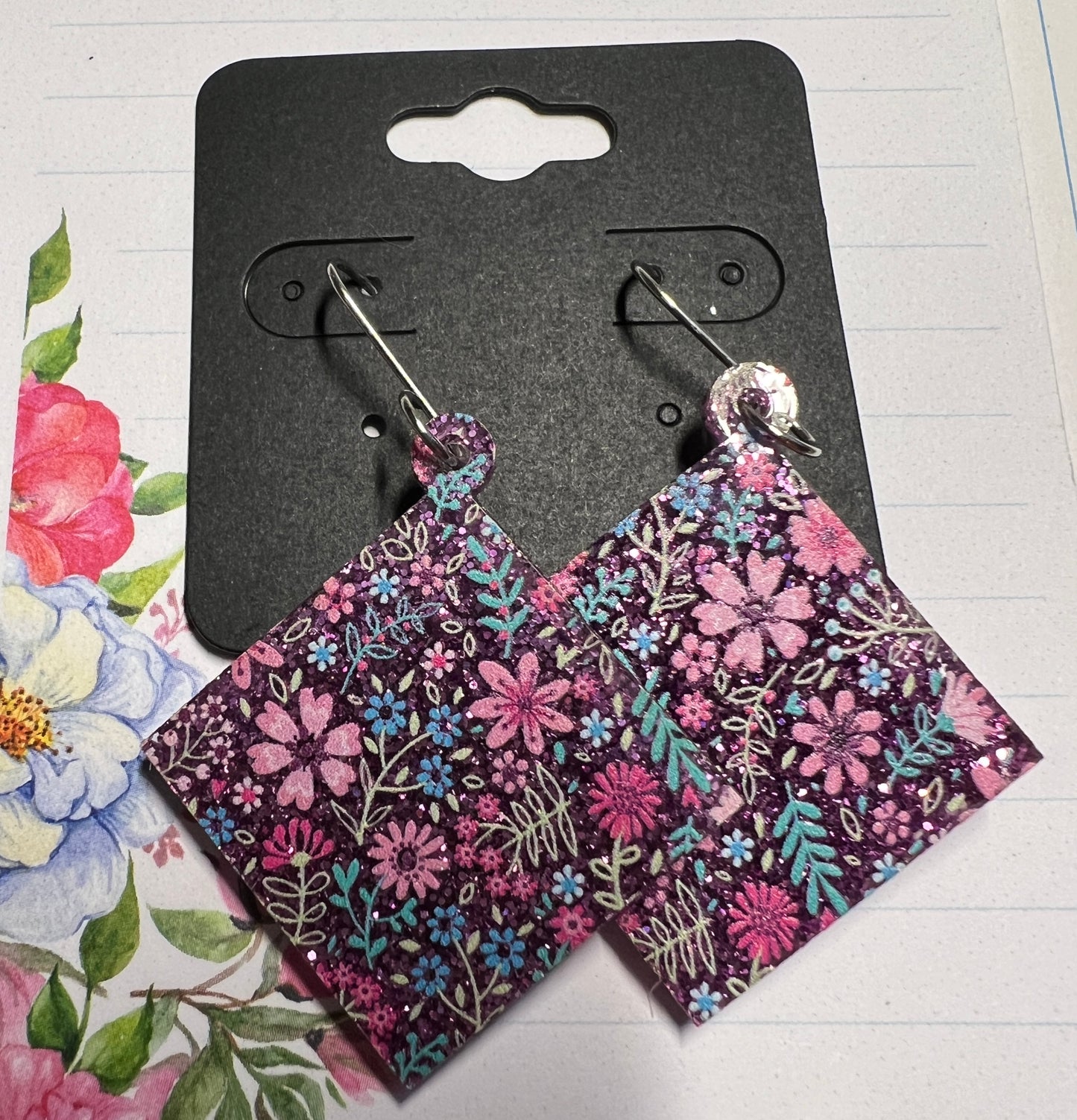 Acrylic Earrings - Pink Glitter Floral on SS wires - A variety of shapes - see photos for selection