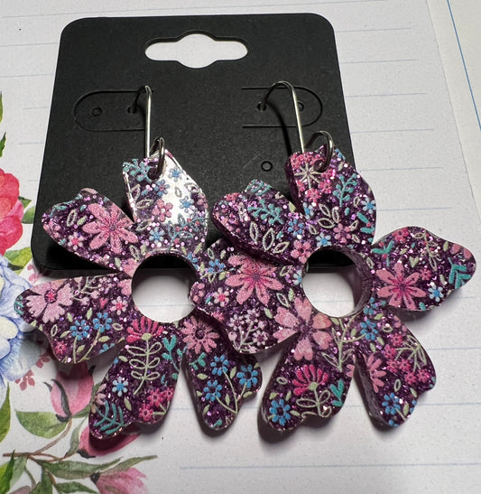 Acrylic Earrings - Pink Glitter Floral on SS wires - A variety of shapes - see photos for selection