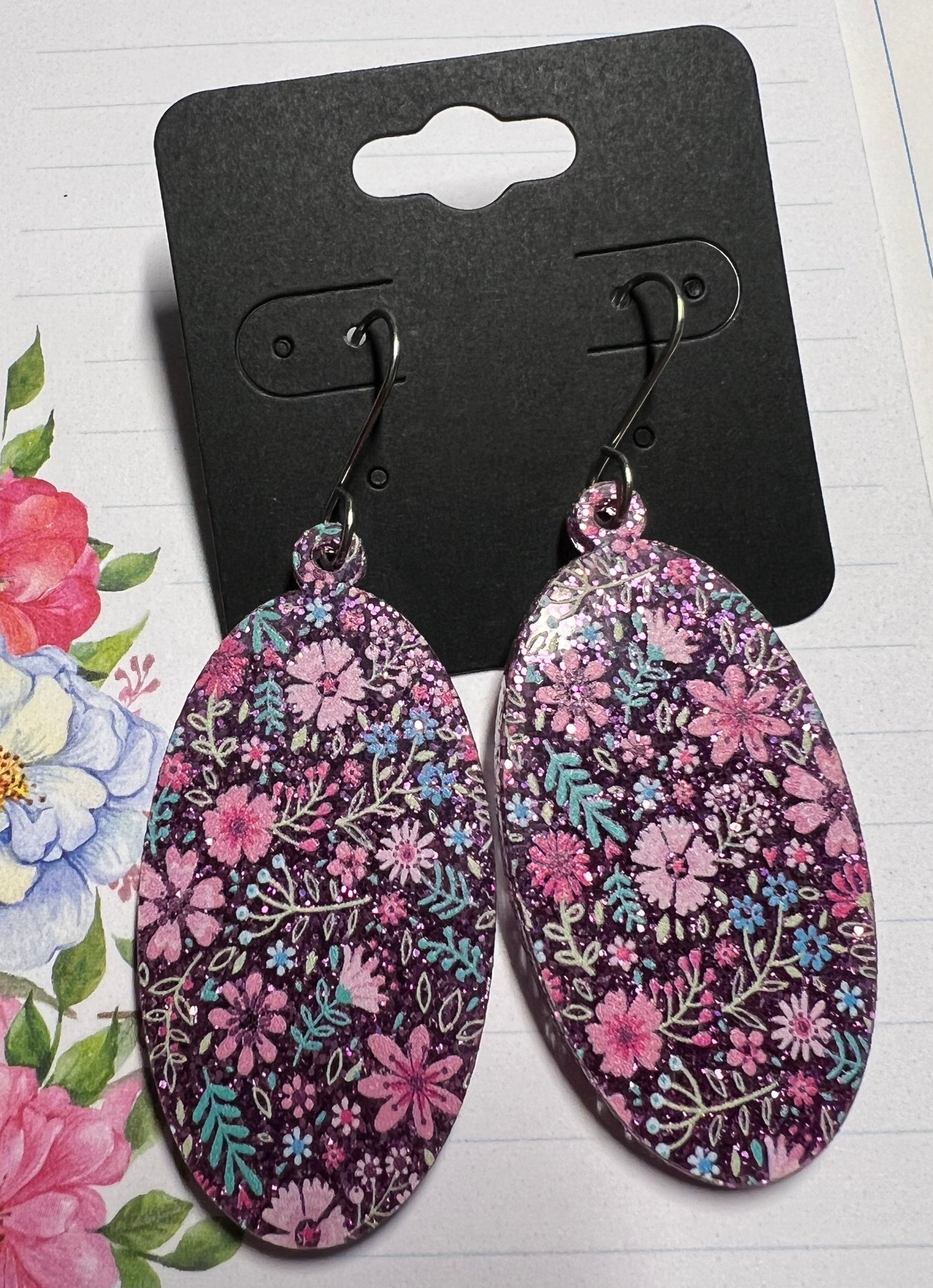 Acrylic Earrings - Pink Glitter Floral on SS wires - A variety of shapes - see photos for selection