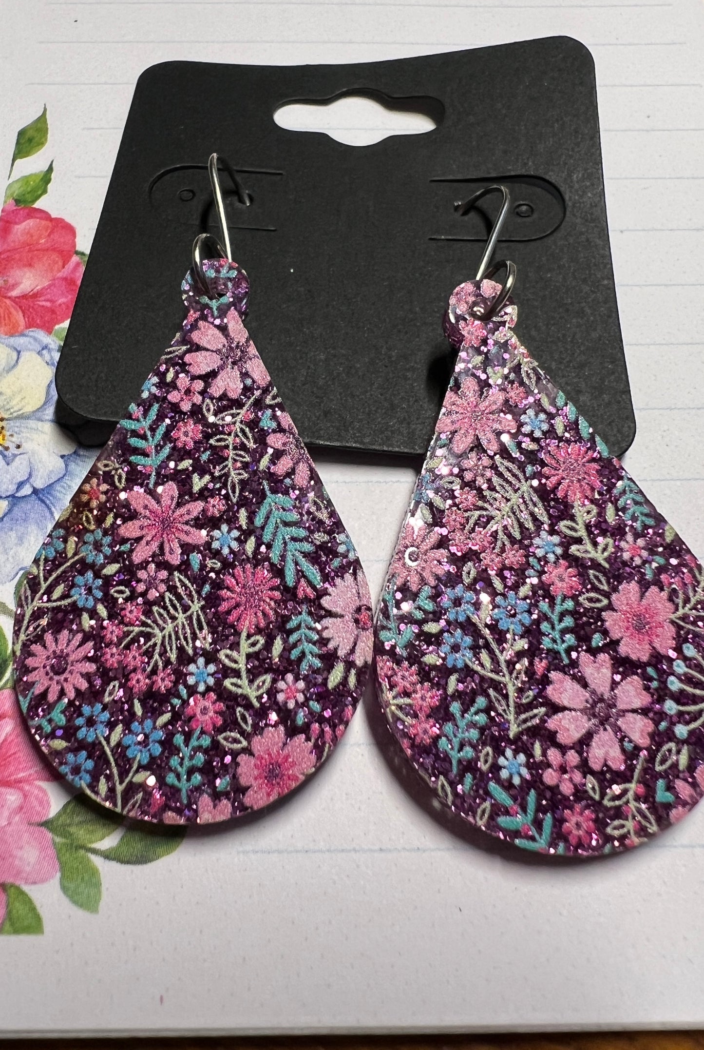 Acrylic Earrings - Pink Glitter Floral on SS wires - A variety of shapes - see photos for selection