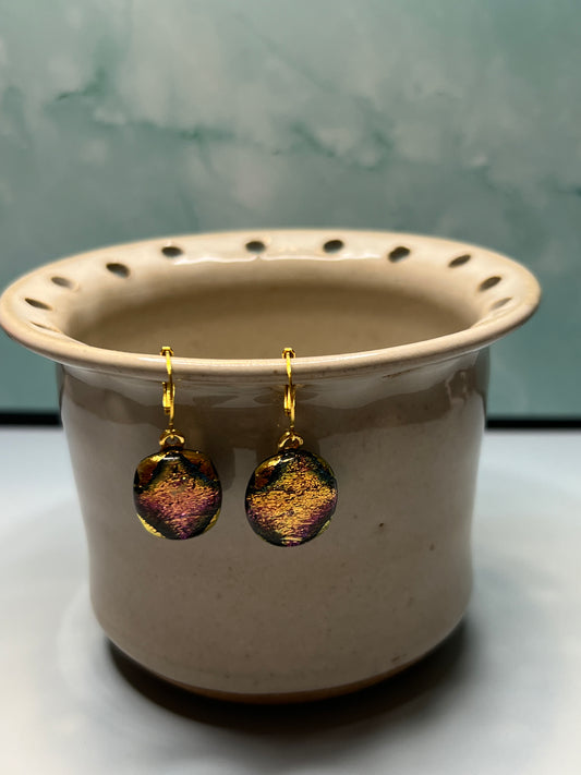 Fused Glass Earrings - Pink/Gold Dichroic on gold tone lever back