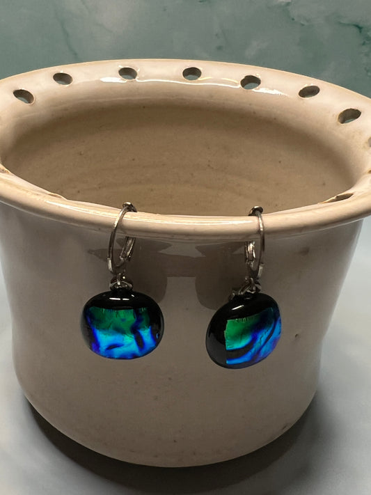 Fused Glass Earrings Blue Green on Stainless Steel lever back