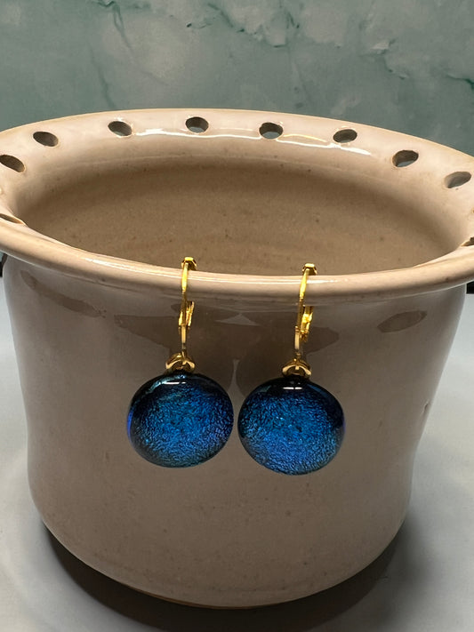 Fused Glass Earrings Blue Dichroic on gold tone lever back