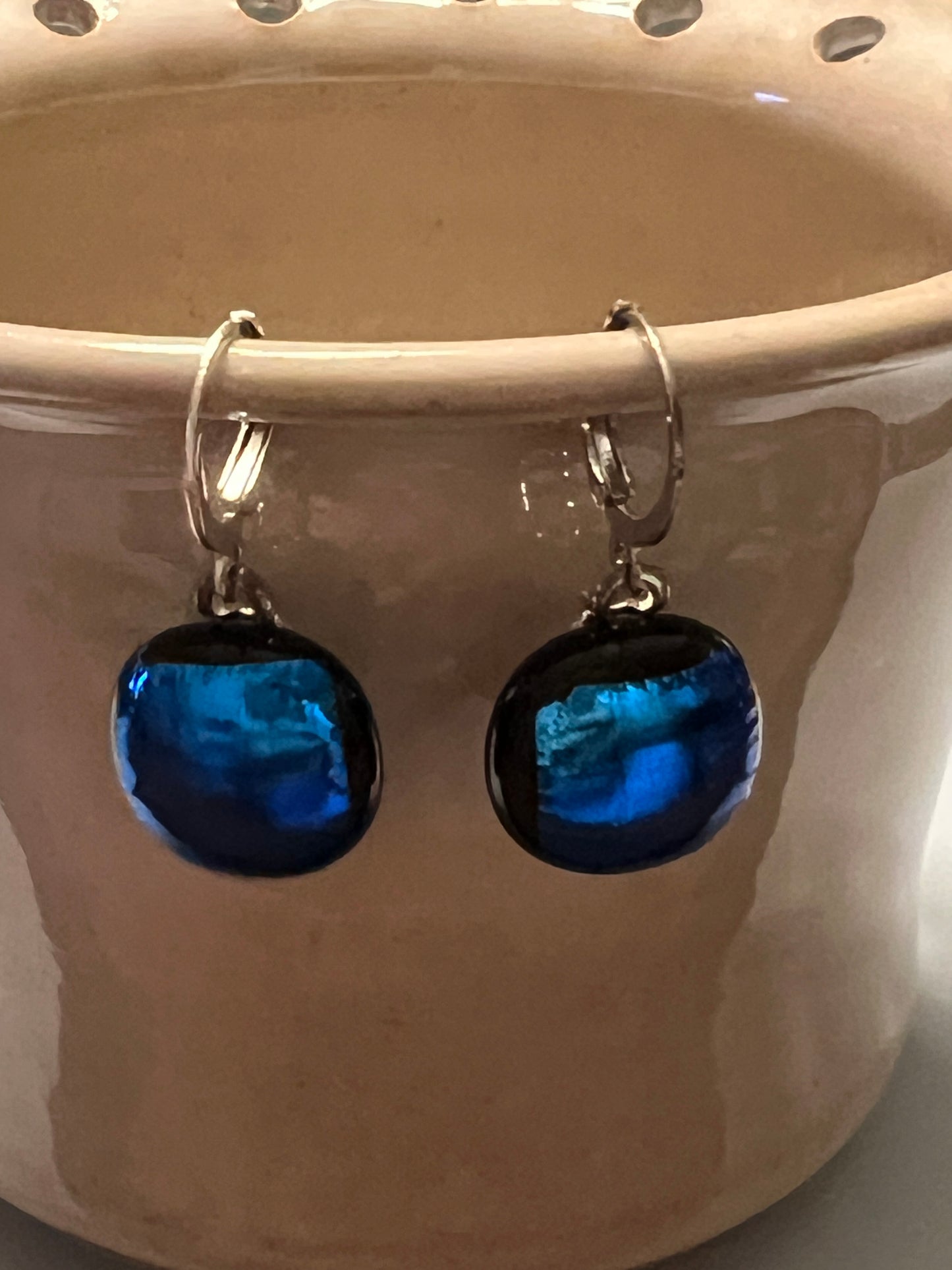 Fused Glass Earrings - Blue Mirror on gold tone lever back