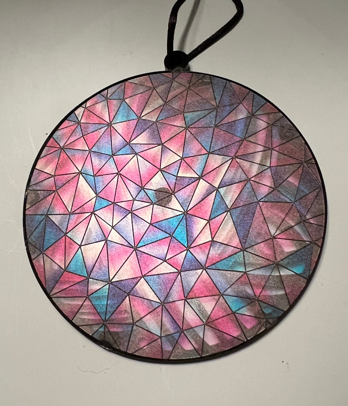 Acrylic Black Yarn Ball Suncatcher/Ornament with pink and blue stained glass backing