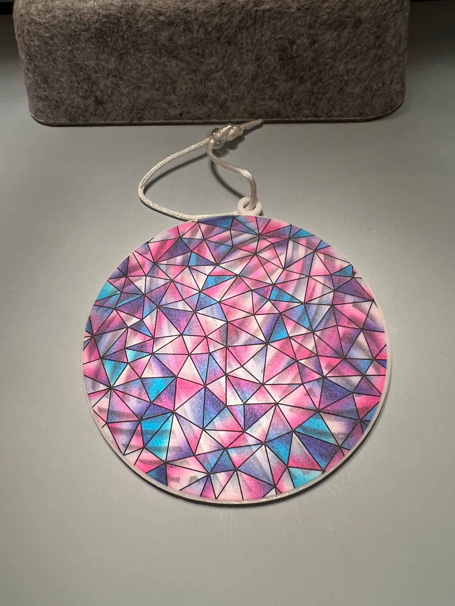 Acrylic White Yarn Ball Suncatcher/Ornament with pink/blue stained glass backing