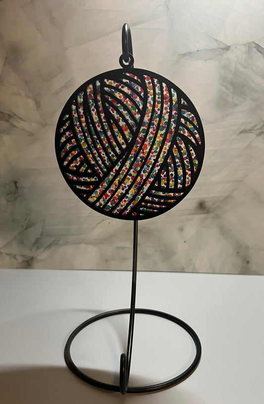 Acrylic Black Yarn Ball Suncatcher/Ornament with multi color dot background