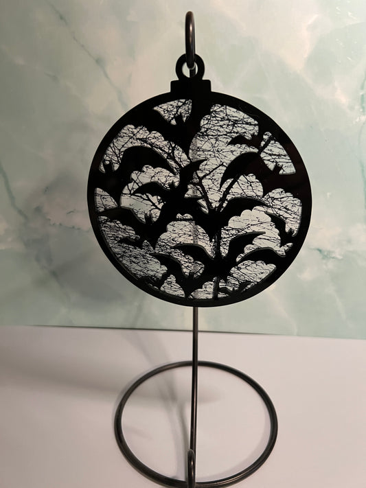 Acrylic Black Flying Bats Suncatcher/Ornament with spooky woods background