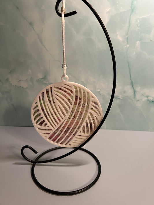 Acrylic White Yarn Ball Suncatcher/Ornament with brown and gold background