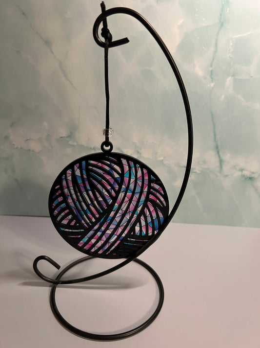 Acrylic Black Yarn Ball Suncatcher/Ornament with pink and blue stained glass backing