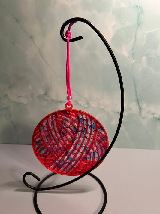 Acrylic Neon Pink Yarn Ball Suncatcher with Blue and Pink Stained Glass Background