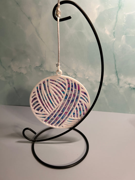 Acrylic White Yarn Ball Suncatcher/Ornament with pink/blue stained glass backing