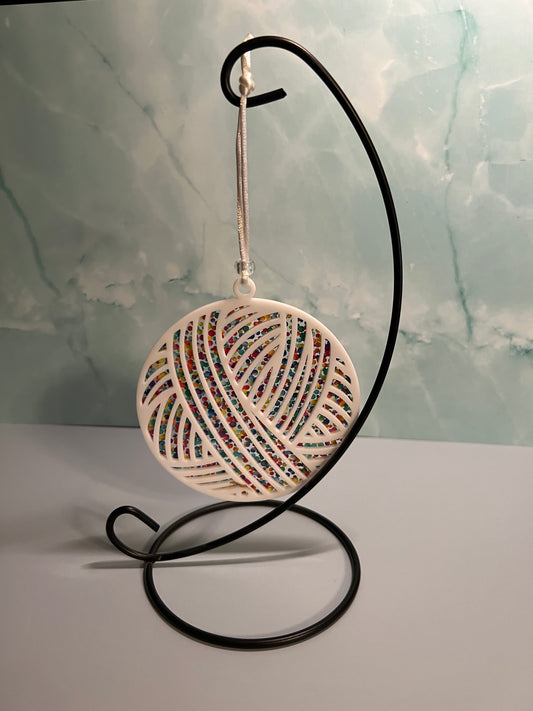 Acrylic Yarn Ball Suncatcher/Ornament White with multi color dot background