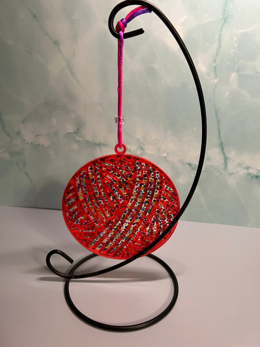 Acrylic Yarn Ball Suncatcher/Ornament Hot Pink/Orange with multi color dot background