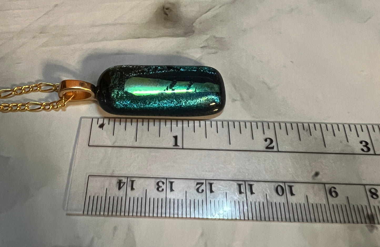 Fused Glass Pendant - green shades of dichroic with gold plated bail and chain