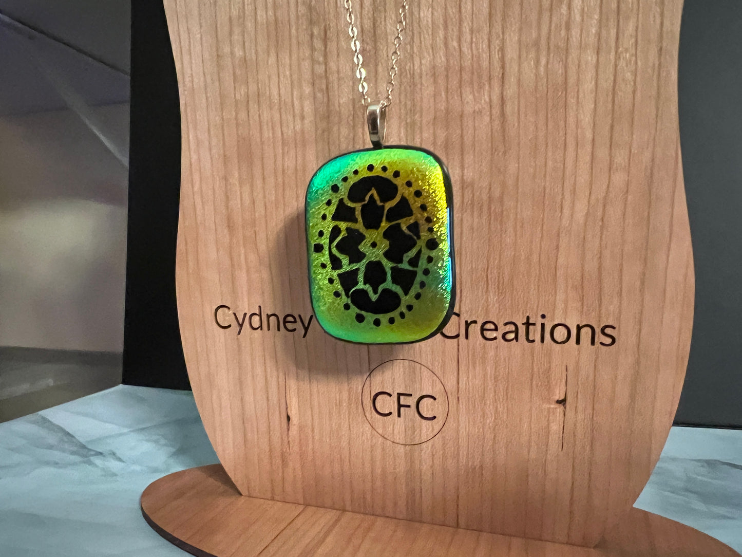 Fused Glass Pendant - Green Dichroic with hand engraving on gold tone chain