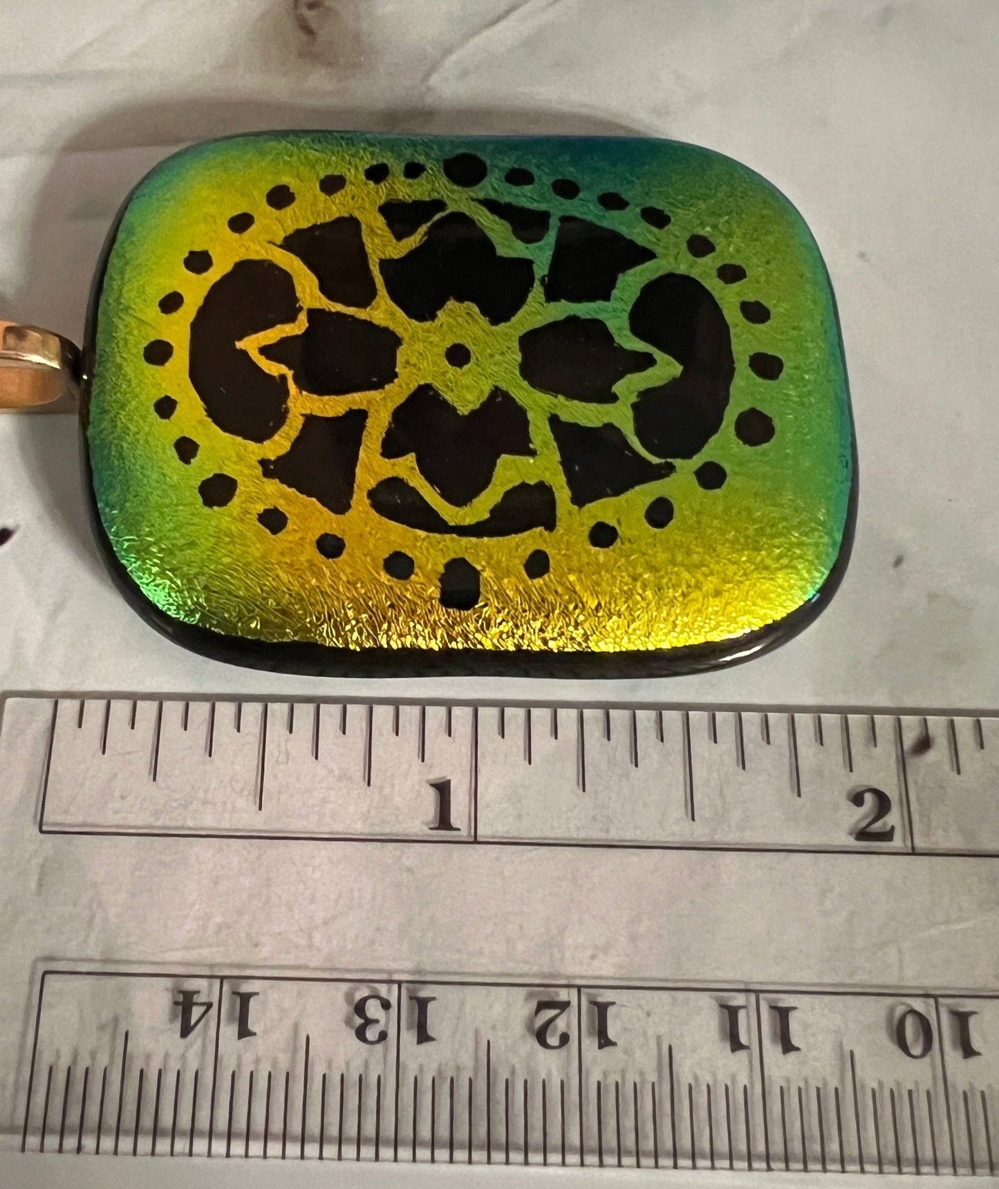 Fused Glass Pendant - Green Dichroic with hand engraving on gold tone chain