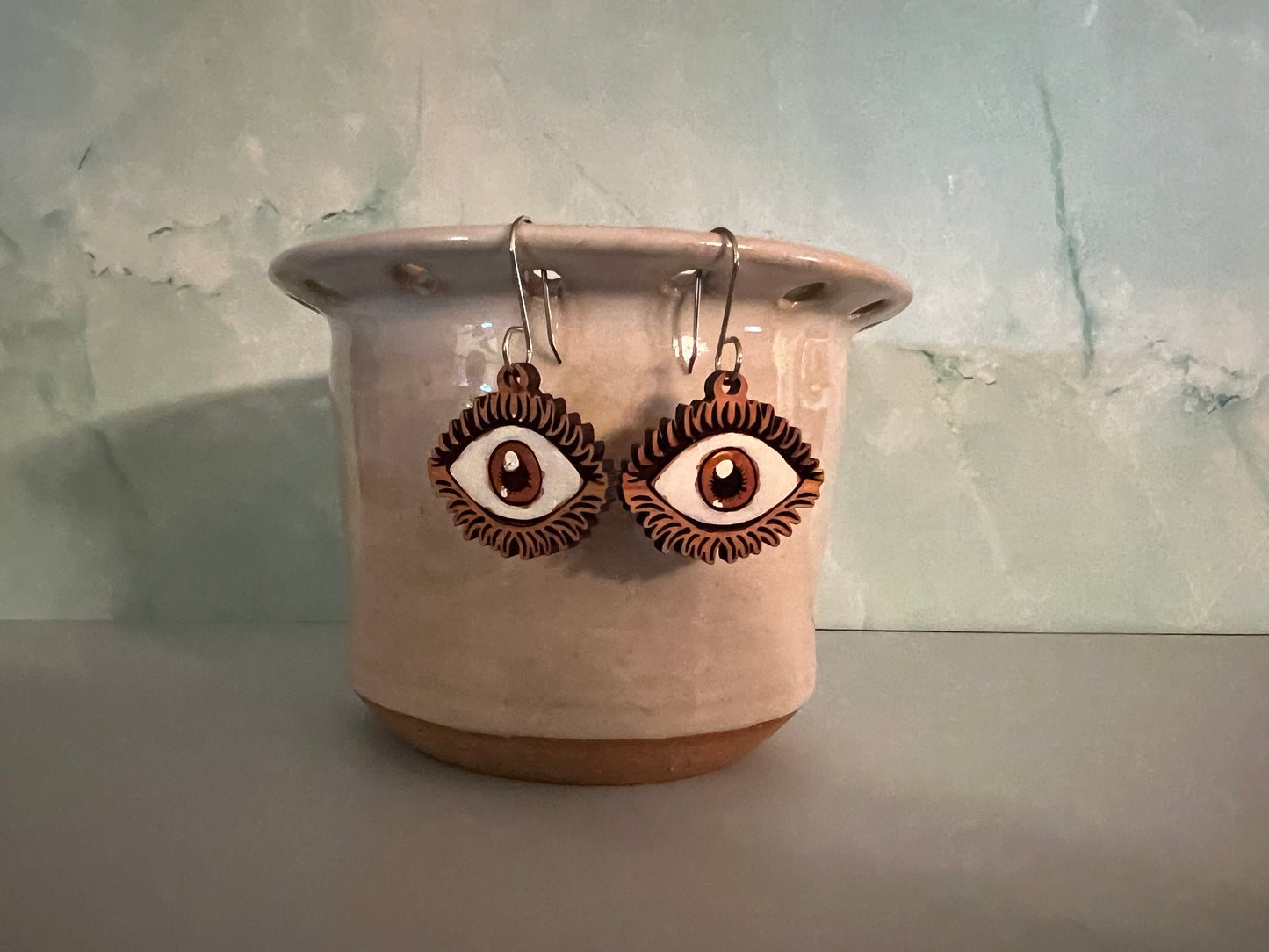 Wood Earrings "Evil Eye" on stainless steel wires