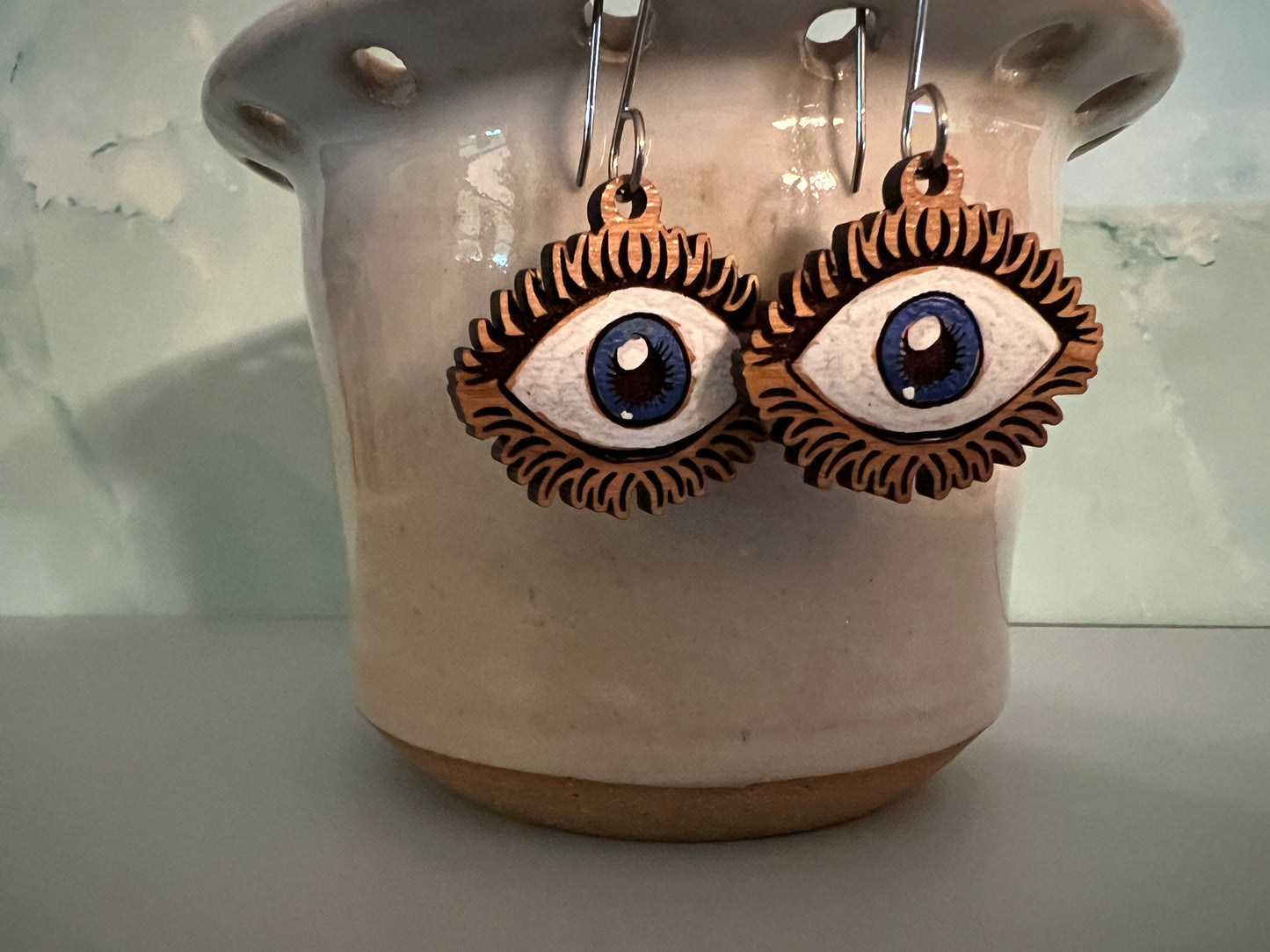 Wood Earrings "Evil Eye" on stainless steel wires