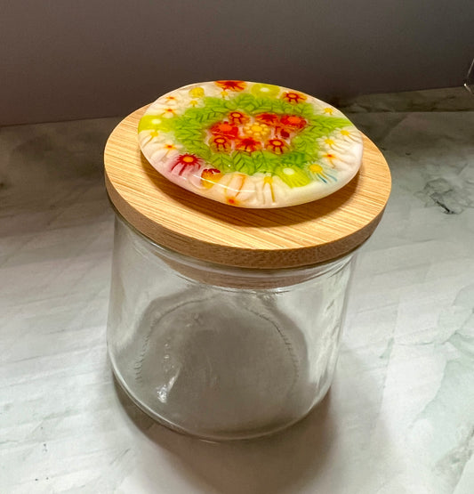 Upcycled Yogurt Jar with Glass Floral Design on Natural Bamboo Wood Lid