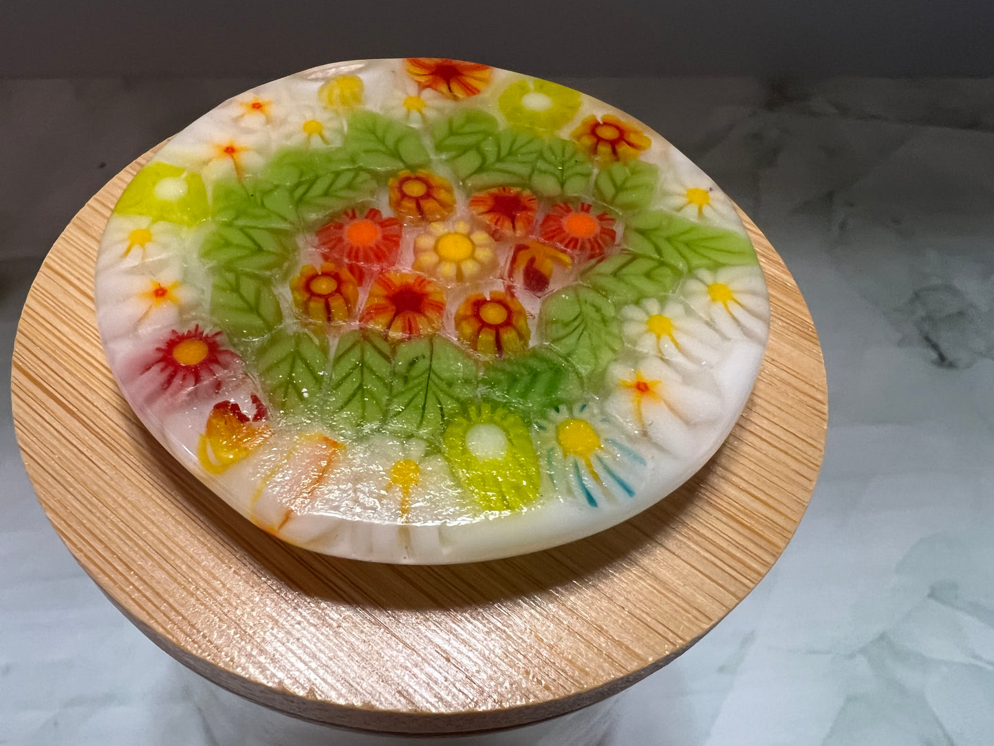 Upcycled Yogurt Jar with Glass Floral Design on Natural Bamboo Wood Lid