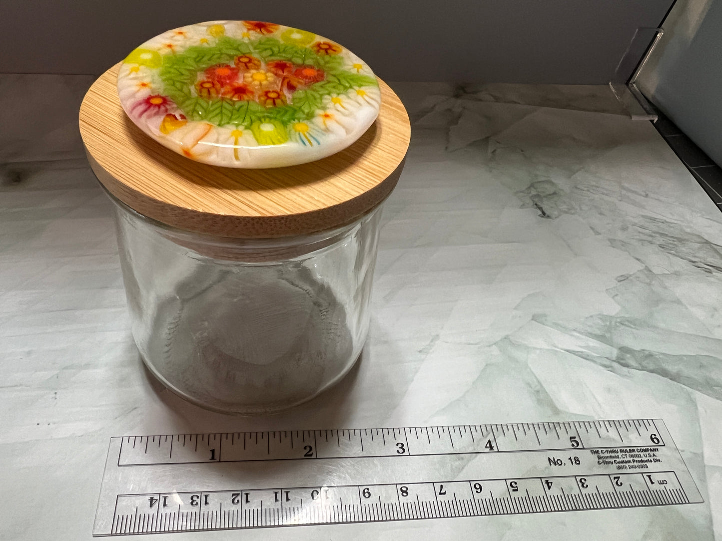 Upcycled Yogurt Jar with Glass Floral Design on Natural Bamboo Wood Lid