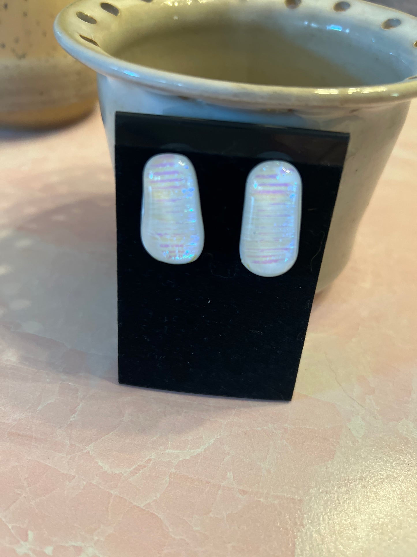 Fused glass earrings - white and silvery blue dichroic on gold tone stud