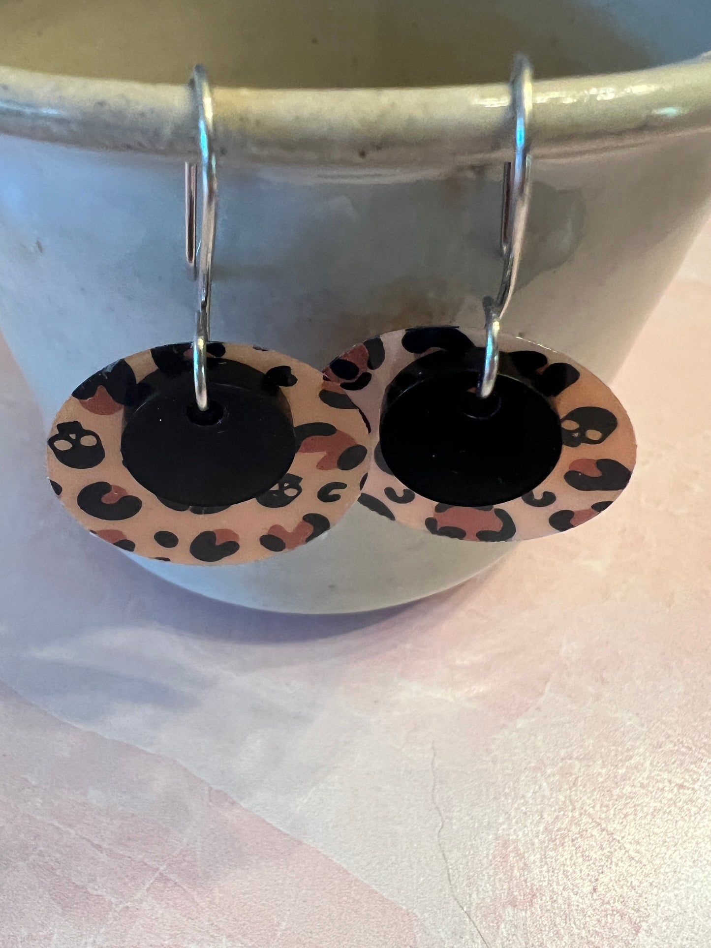 Acrylic Earrings - "leopard" faces and skulls with black circle on stainless steel wires