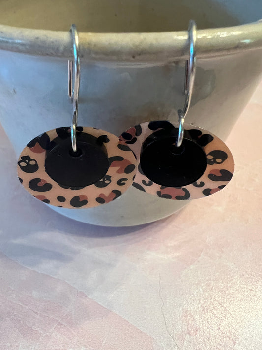 Acrylic Earrings - "leopard" faces and skulls with black circle on stainless steel wires