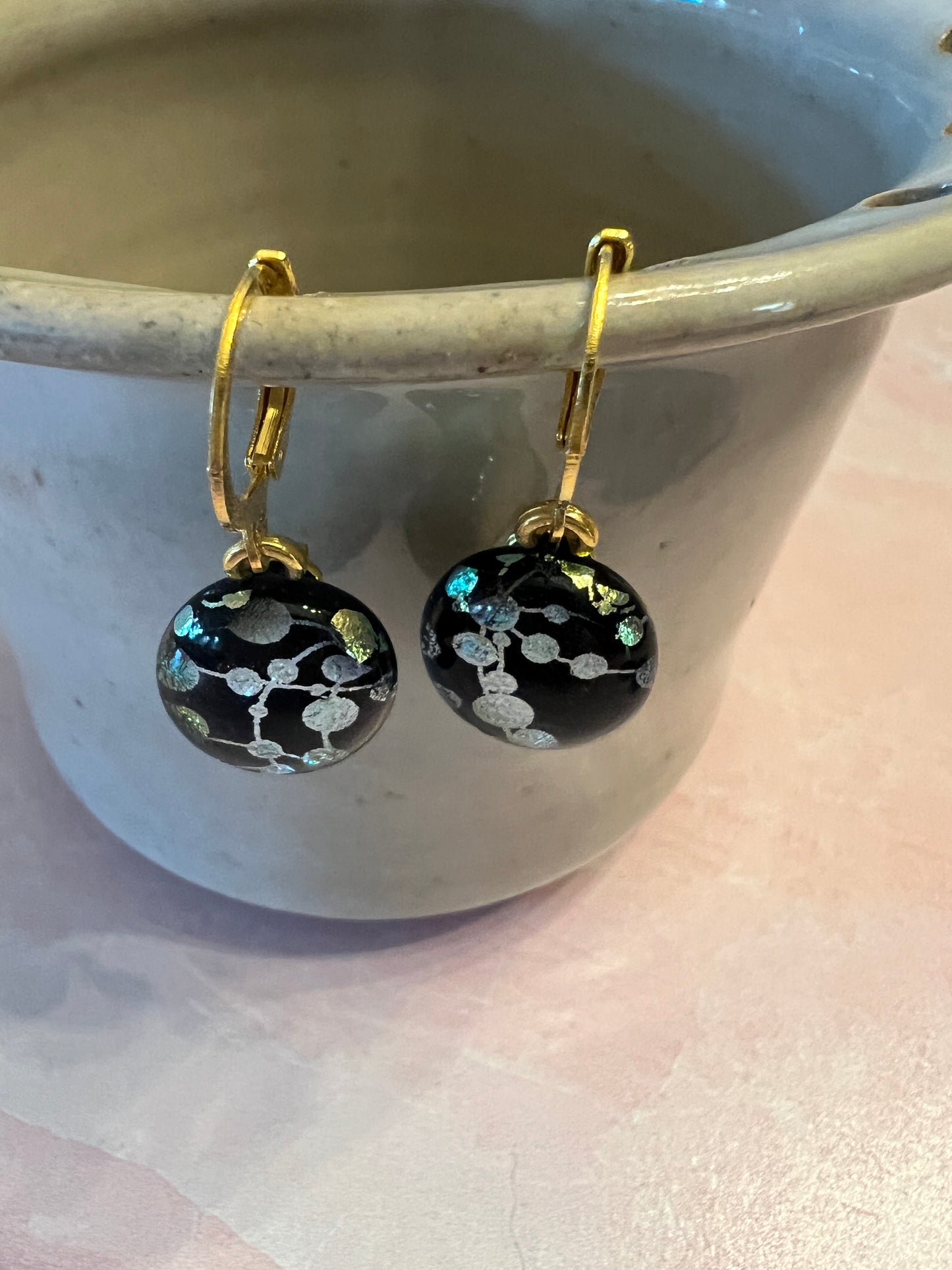 Fused glass earrings - black with metallic dichroic design on gold tone lever back findings