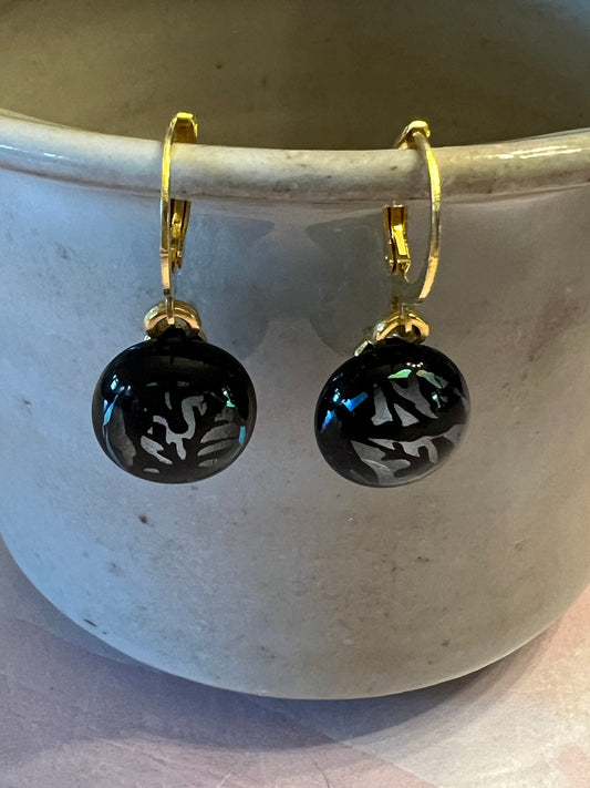 Fused Glass Earrings - Black with dichroic leaf design on gold tone lever back