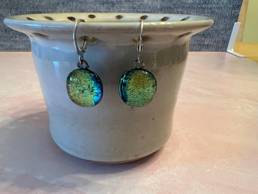 Fused Glass Earrings - Green dichroic on stainless steel lever back