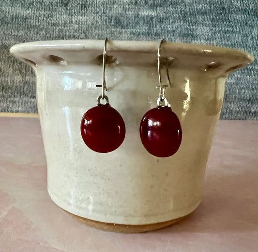 Fused Glass Earrings - Cherry red glass on silver kidney ear wires