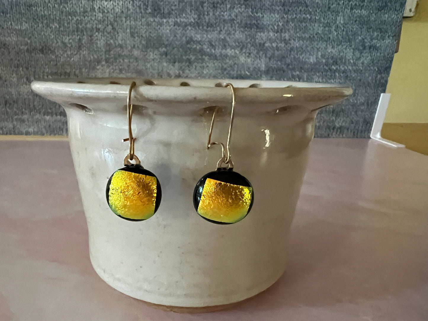 Fused Glass Earrings - gold dichroic on black base with gold filled ear wires