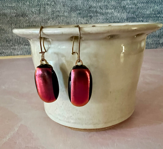 Fused Glass Earrings - Burgundy Mirror Bar Style on gold filled ear wires