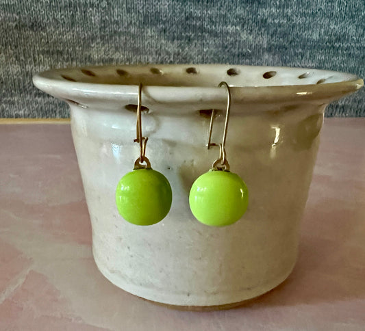 Fused Glass Earrings - Green glass on gold filled kidney ear wires