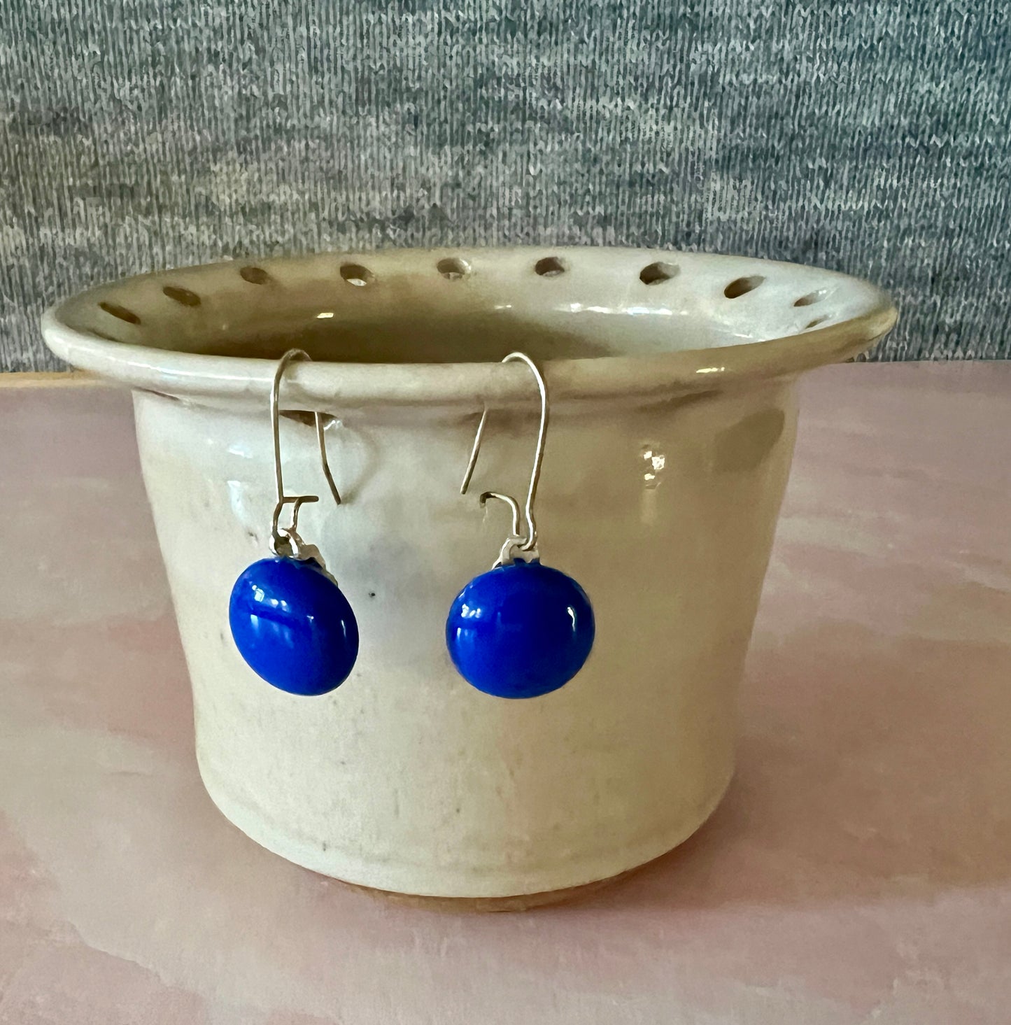 Fused Glass Earrings - Blue glass on silver kidney ear wires