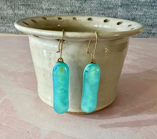 Fused Glass Earrings - light teal blue with blue dichroic bar style on gold filled kidney wires