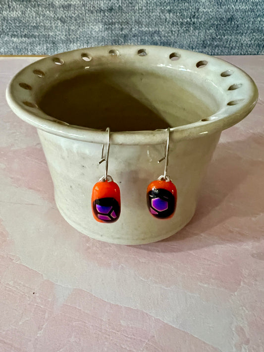 Fused Glass Earrings - Orange with purple dichroic accents on silver kidney ear wires